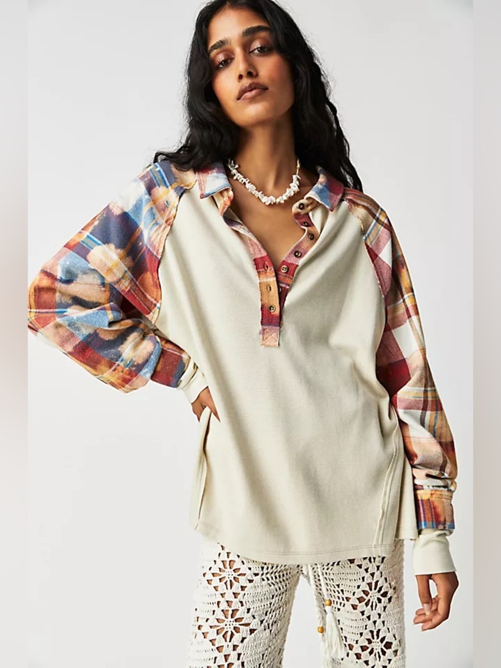 We The Free Isabel Thermal Plaid Collared Button-Up Raglan Long Sleeve Shirt L